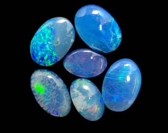 6 Piece Lot Genuine Blue Australian Opal Doublet, Cabochons Shape, Back Side Boulder Opal. DO-33