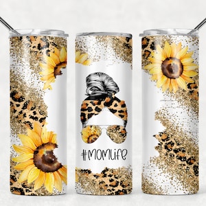 20oz #MomLife Leopard & Sunflower Skinny Tumbler, Mom Bun Skinny Tumbler| 20oz Water Bottle With Lid And Straw| Stainless Steel Gift for Mom