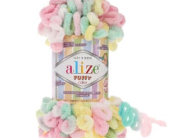 Filato Alize Puffy Color, per lavoro a maglia con le dita. Filato per realizzare facilmente coperte per neonati. Filato ad anelli per lavoretti creativi per bambini. Non necessita di uncinetto né ago. Filato morbido effetto velluto.