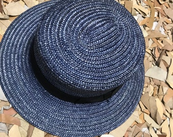 Blue indigo French vintage straw hat size 54 small