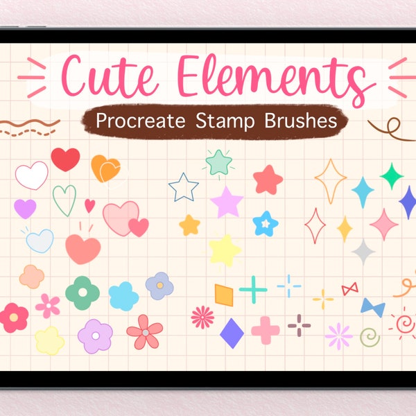 Cute Elements Procreate Stamps Brushes | Heart Stamp | Star & Sparkle Stamp | Flower Stamp | Procreate Brushes | Digital Download
