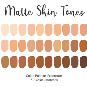 May include: A digital colour palette for Procreate with 30 skin tone swatches. The swatches are arranged in three rows of ten, with the lightest shades at the top and the darkest shades at the bottom. The colours are all matte and range from very light to very dark.
