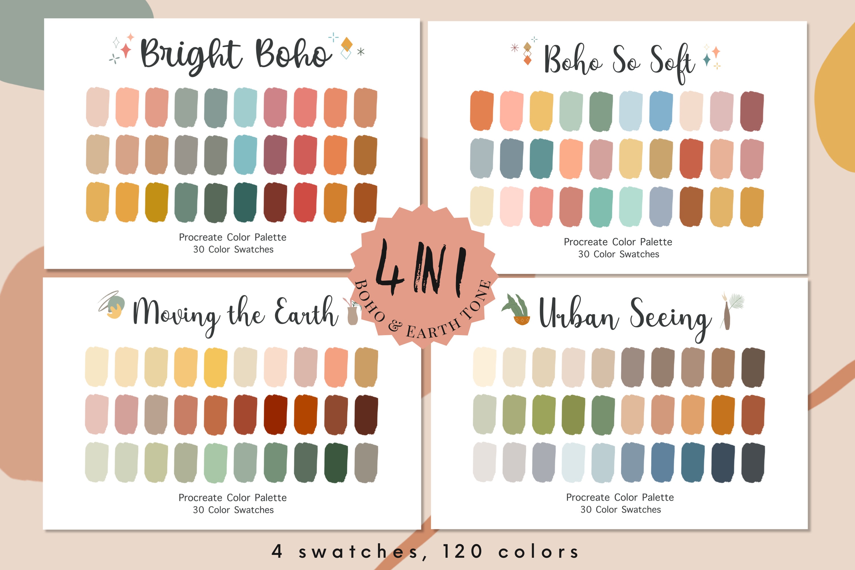 Boho & Earth Tone Procreate Color Palette Bundle | 4 Swatch Sets, 120 Colors | iPad Procreate Instant Download