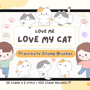 Love Me Love My Cat – Procreate Stamp Brushes | Cute Cat | Boys & Girls | Doodle Line Art | Minimal Procreate Brush Set | Digital Download