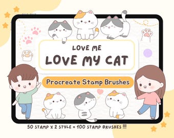 Cute Cat Procreate Brushes – Doodle Line Art Stamps (Digital Download)