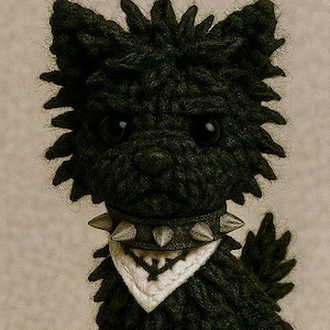 May include: A handmade, dark green crocheted dog with a spiked collar and a white bandana. The dog has large, black eyes and a spiky fur design. The dog is sitting upright, showcasing its detailed craftsmanship.