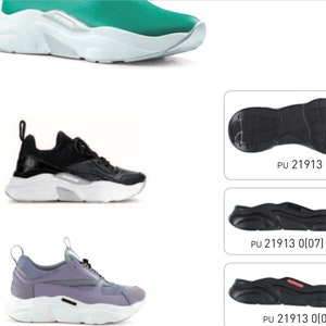May include: Three pairs of sneakers with white soles and different colored uppers. The first pair is green, the second pair is black, and the third pair is purple. The soles of the shoes are shown separately with the text "PU 21913", "PU 21913 0(07) M31", and "PU 21913 0(07)".
