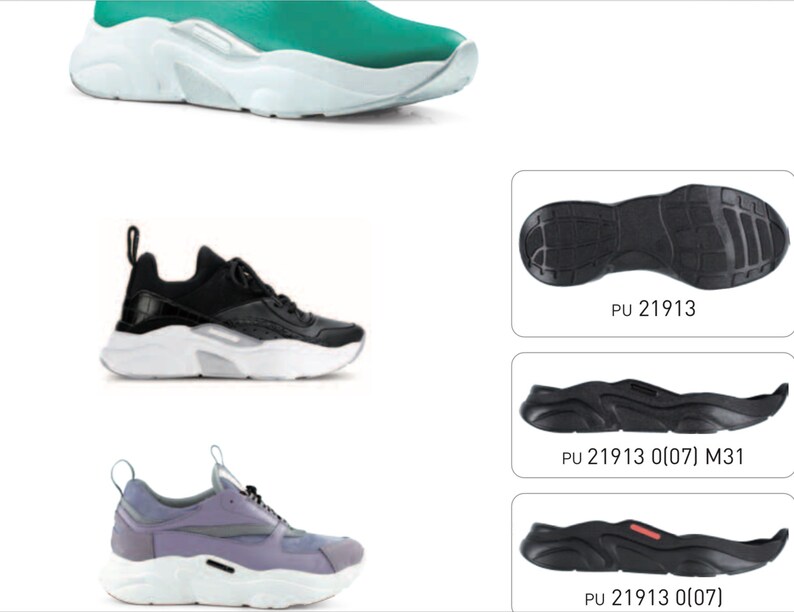 May include: Three pairs of sneakers with white soles and different colored uppers. The first pair is green, the second pair is black, and the third pair is purple. The soles of the shoes are shown separately with the text "PU 21913", "PU 21913 0(07) M31", and "PU 21913 0(07)".
