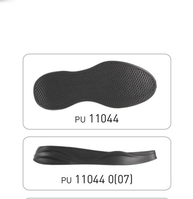 May include: Two black shoe soles, one with a textured surface and the other with a smooth surface. The soles are labeled "PU 11044" and "PU 11044 0(07)".