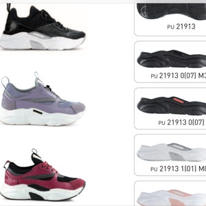 May include: Four different views of a black, purple, and red sneaker with a thick white sole. The sole is shown separately in each view. The text "PU 21913" is visible on the sole.