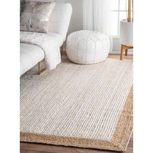 Off white jute rug border, rugs for bedroom aesthetic, living room, kitchen, hallway runner, kids room, office, patio