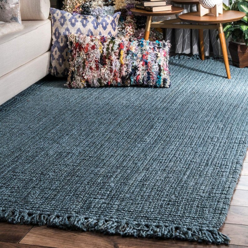 Soft Blue Thick Jute Rug Vegan Rug for Living Room Bedroom Etsy