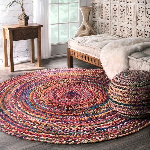 runder Teppich zum Verkauf, Kreisteppich aus Lumpen aus Baumwolle für einzigartiges Boho-Dekor