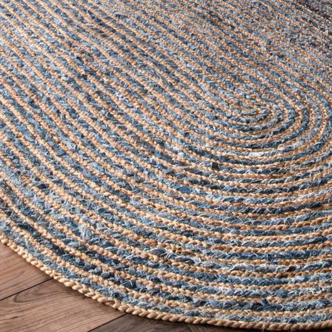 Denim Jute Oval Rug Denim Rag Rug Blue Denim Jute Rug Etsy