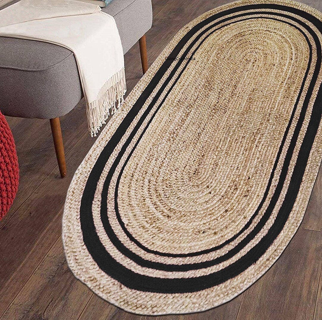 Oval Jute Rug Black Border, Boho Decor Oval Rug, Oval Rugs on Sale