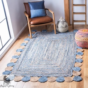 denim jute rug in rugs runner, square, circle, oval. for floor and home decor, for indoor and outdoor, patio, living room, bedroom, nursery