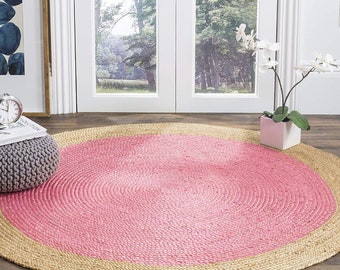 pink round jute rug, rugs for living room, nursery, bedroom, hallway, table decor