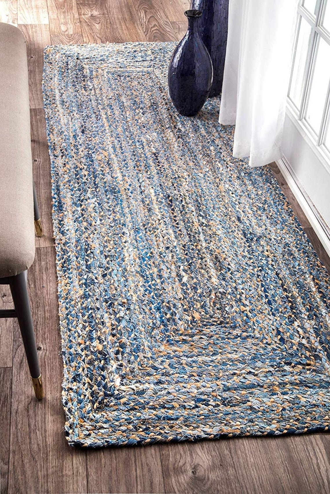 Blue Rag Rug Hand Braided Denim Rugs Bohemian Colorful Jute L Etsy