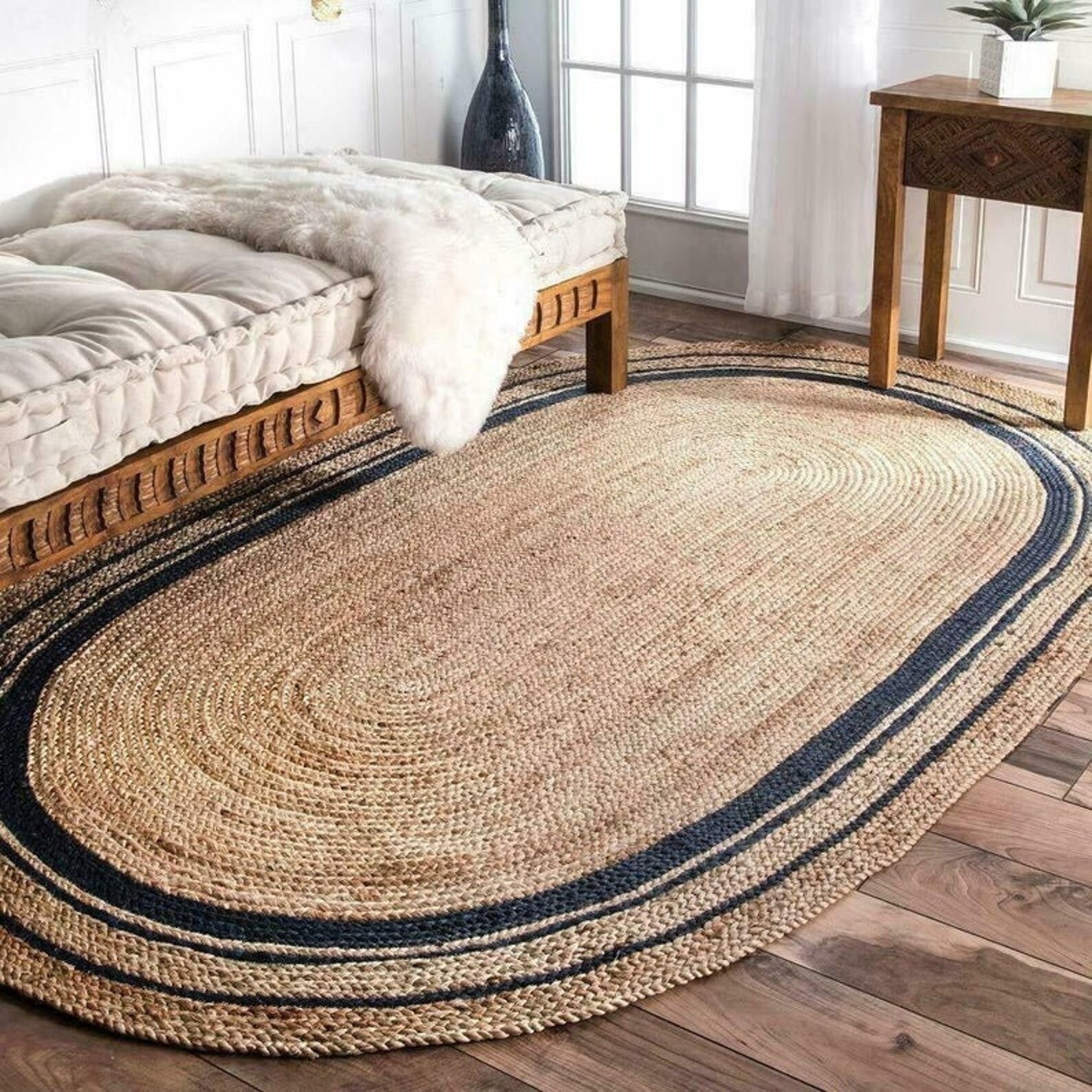 Oval Braided Jute Rug in Cream White Grey Black Navy Blue Etsy