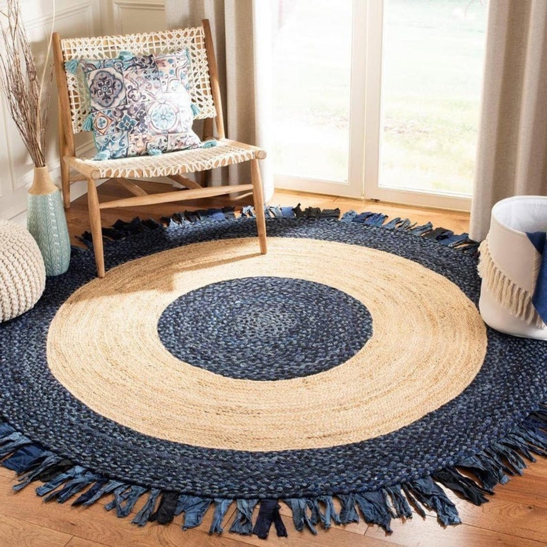Dark Blue Round Rug, Jute Circle Rug Indigo, Home Decor, Navy Blue Boho