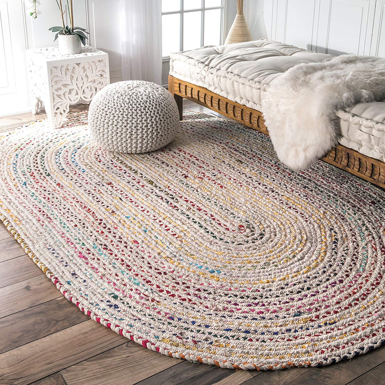 White Multicolored Cotton Hand Braided rug with Oval shape Etsy