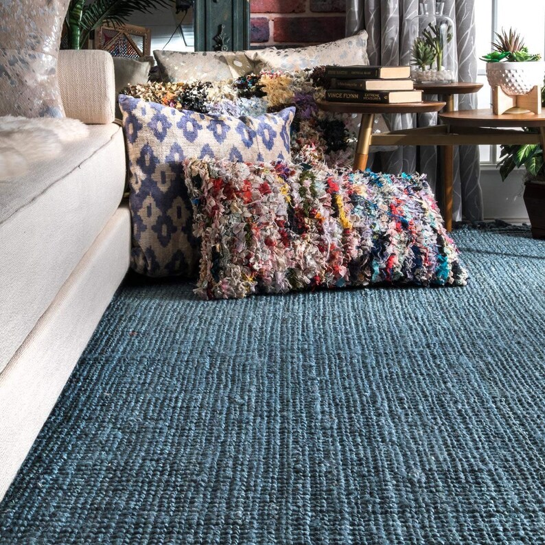 Soft Blue Thick Jute Rug Vegan Rug for Living Room Bedroom Etsy