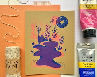 Neon Screen Print | Bird Banana Stars Screenprint on Paper | Screenprint on Paper | Art Print | Blue Pink Silk Screen Print