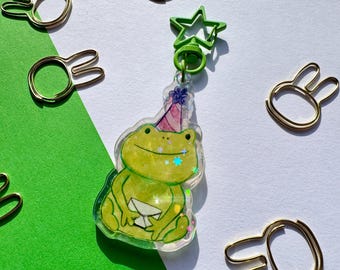 Acrylic Frog Keychain | Cute Frog | Holo Glitter Frog Keychain | Holographic Keychain | Funny Party Hat Frog Keychain | Cute Froggy Keychain