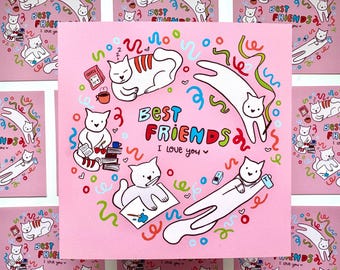 Best Friend Art Print | Best Friend Card | Cute Cat Print | Kitties Print | Besties Gift Card | Art Print | Kawaii Print | 14.1 x 14.1 cm