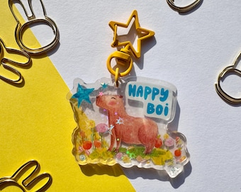 Acrylic Capybara Keychain | Capybara | Holo Glitter Capybara Keychain | Happy Boi Keychain | Funny Keychain | Cute Charm | Happy Boy Charm