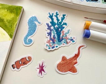 Sea Creature Holographic Vinyl Stickers, Holo Vinyl Stickers, Nemo Sticker, Coral Sticker, Sea Horse Sticker, Zebra Shark Sticker, 5 Sticker