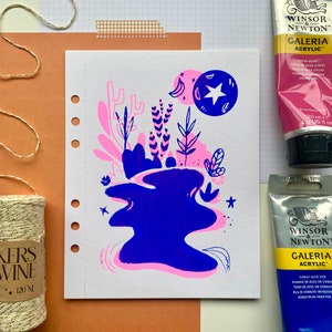 Neon-Siebdruck A5 | Vogel-Bananen-Sterne-Siebdruck auf Papier | Siebdruck auf Papier | Kunstdruck | Blau-Rosa Siebdruck