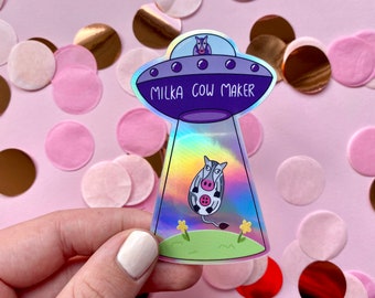 Holographic vinyl sticker, holographic cow planner sticker, alien spaceship sticker
