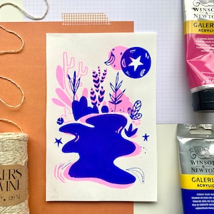 Sérigraphie au néon | Sérigraphie Bird Banana Stars sur papier | Sérigraphie sur papier | Impression d’art | Sérigraphie Bleu Rose