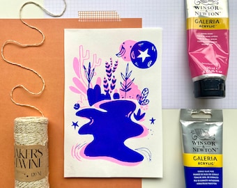 Neon Screen Print | Bird Banana Stars Screenprint on Paper | Screenprint on Paper | Art Print | Blue Pink Silk Screen Print