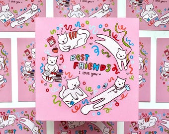 Best Friend Art Print | Best Friend Card | Cute Cat Print | Kitties Print | Besties Gift Card | Art Print | Kawaii Print | 9.3 x 9.3 cm