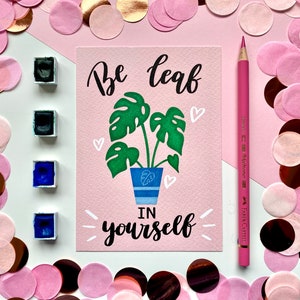 Cartolina 'Sii foglia in te stesso', 'Credi in te stesso', formato A6, Monstera, carta di incoraggiamento, illustrazione botanica