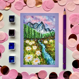 Carte postale avec illustration de paysage, format A6, paysage aquarelle, tirage d'art joyeux, universel
