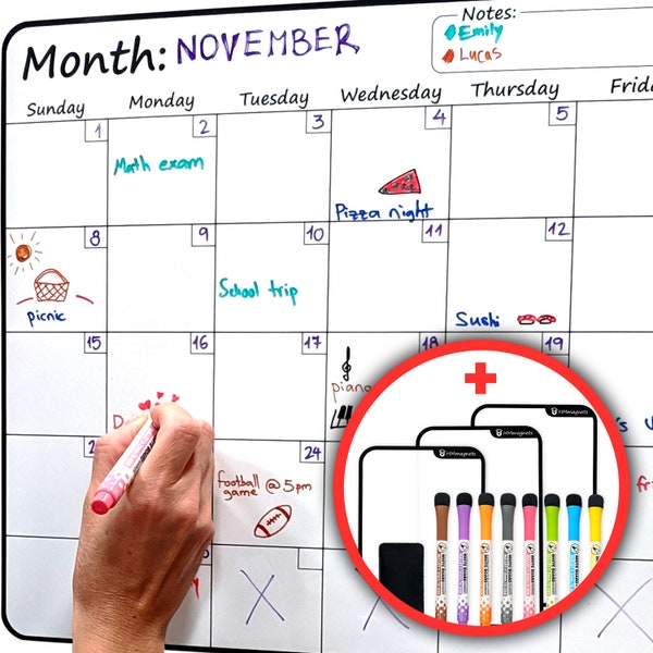 Cute 17.5"x13.5" Dry-Erase Magnetic Monthly Calendar for Fridge (Full Set: 8 Markers + Eraser) & Free Bonus - 3 Whiteboards | Horizontal