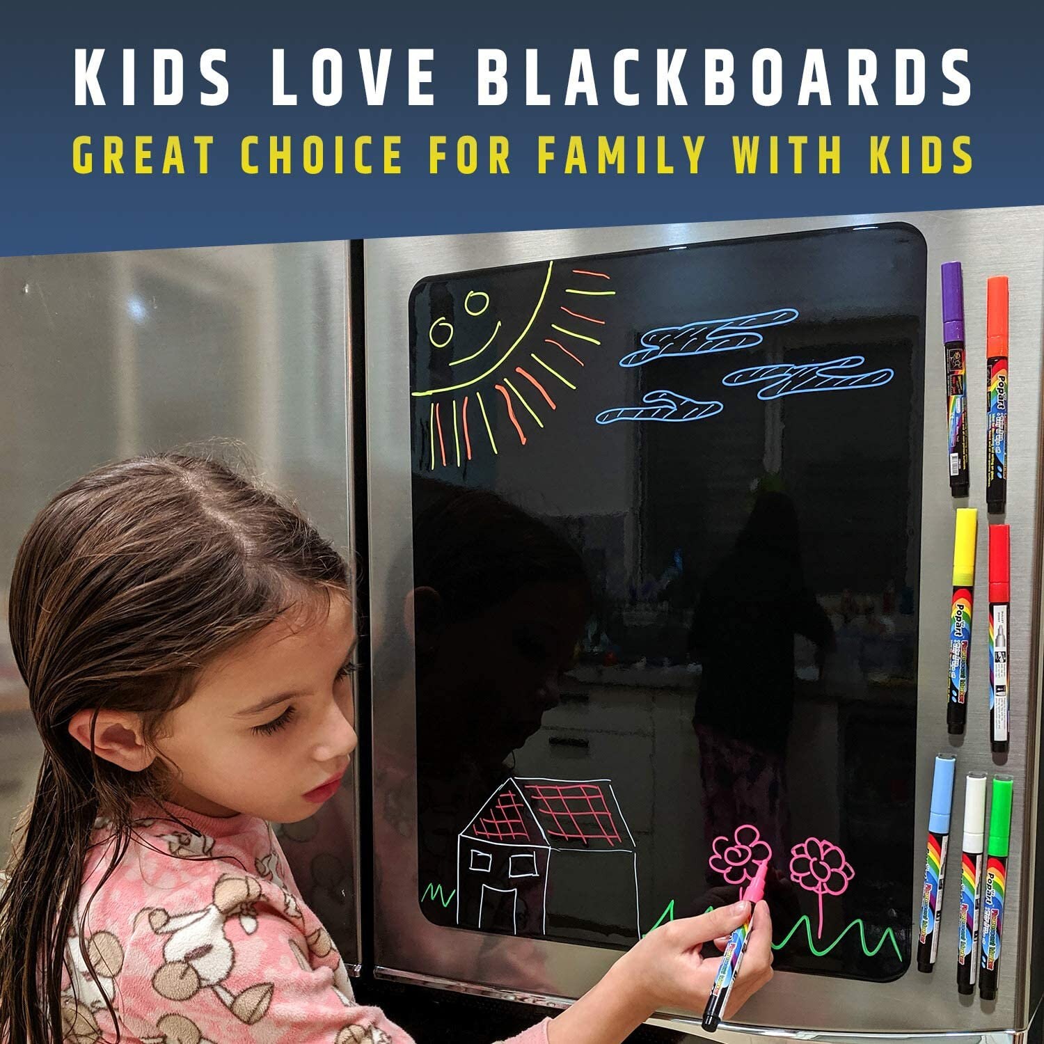 Cute Magnetic Wet/dry-erase Blackboard for Refrigerator 17.5x13.5 Large  Size Black Organizer stain Free 8 Liquid Neon Markers 