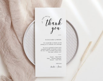 Minimalistische dank u menu plaats kaart, dank u servet notitie, afdrukbare dank u, menu plaats instelling dank u, bewerkbare, bruiloft tafel