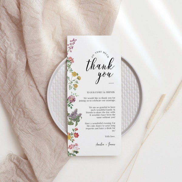 Floral Thank You Place Card, Thank You Napkin Note, Printable Thank You, Place Setting Thank You, Editable, Wedding Table