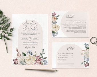 Floral Arch Wedding Invitation Suite Template, Editable Wedding Invite, Minimalist Floral Invite, Printable Wedding Invite Suite Templates