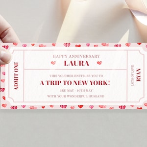 Może przedstawiać: Różowy i biały bilet z czerwoną ramką w kształcie serca. Bilet zawiera napis "Happy Anniversary Laura" oraz "Ten kupon uprawnia Cię do wycieczki do Nowego Jorku! 3 maja - 10 maja z Twoim wspaniałym mężem." Bilet zawiera również napis "Lots of love Ryan" po prawej stronie.