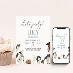 SKYE- Dogs Puppy Birthday Party Invitation Template, Editable Dog Invite, Modern Party Invite, First Birthday