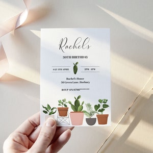 HAZEL - Modèle d'invitation d'anniversaire de plante d'intérieur, Anniversaire de cactus, Feuilles de Monstera, Invitation d'anniversaire modifiable, Téléchargement instantané, Imprimable