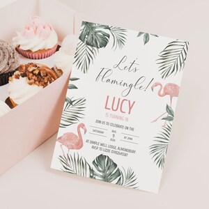 Tropische Blätter Flamingo Geburtstagsparty Dankeskartenvorlage, bearbeitbare Einladung, moderne Party, druckbare Dankeskarten, erster Geburtstag
