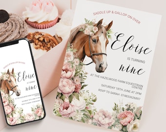 Editable Boho Horse Birthday Invitation Template, Girl Horse Birthday Invite, Printable Party Horse Invite, Pink Floral Birthday Invitation