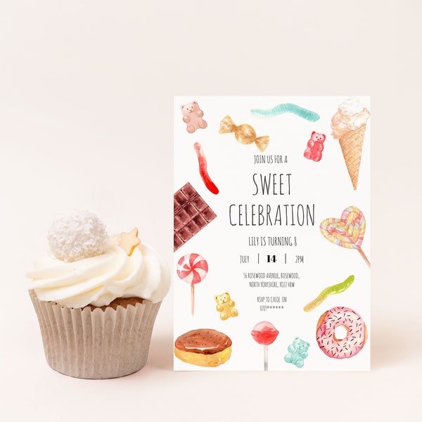 Sweet Celebration Birthday Party Invitation Editable Template, Sweets Candy Watercolour Party Invite, Printable, Instant Download, Evite