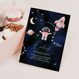 Astronaut Pink Party Invite, Space Birthday Party Invitation Template, Editable Invite, Modern Party Invite, Stars Outerspace Birthday Party